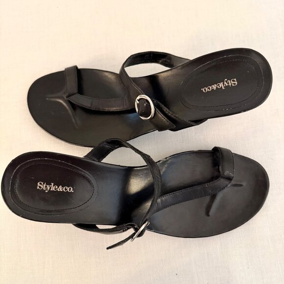 Style and Co Womens Sandals Size 8 half Elmara Black Leather Wedge Shoes - Picture 4 of 8